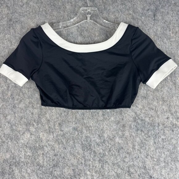 STAUD Lily Short Sleeve Bikini Top Size XS Black Scoop Neck Open Back - Picture 1 of 7